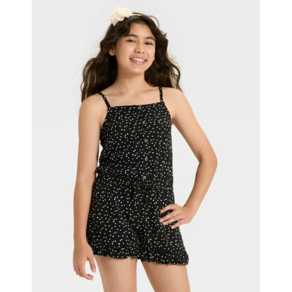 Cat And Jack Romper Girls S 6-7 Black White Polka Dot Ruffle Stretch Sleeveless